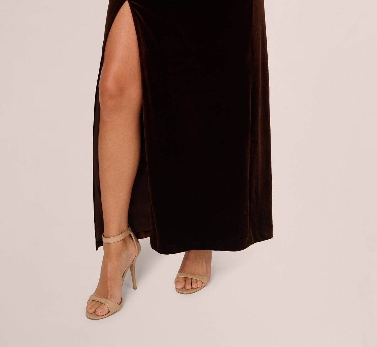 One Shoulder Draped Velvet Gown With Chain Accent - Dark Brown | Adrianna Papell