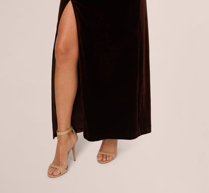 One Shoulder Draped Velvet Gown With Chain Accent - Dark Brown | Adrianna Papell