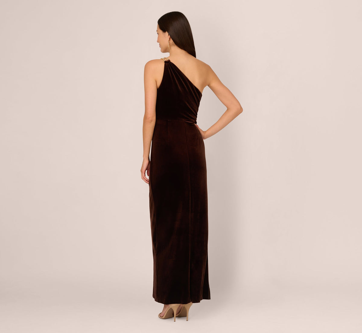 One Shoulder Draped Velvet Gown With Chain Accent - Dark Brown | Adrianna Papell
