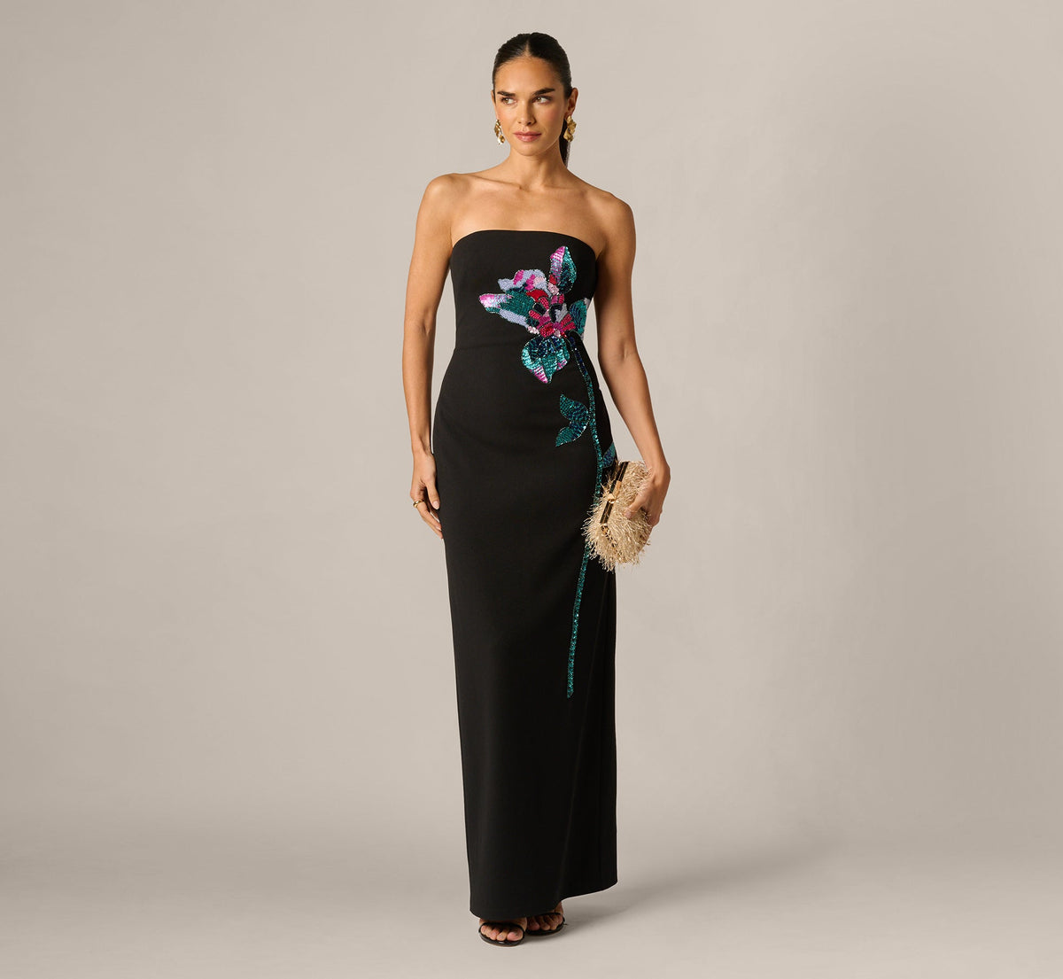 Strapless Beaded Placement Floral Gown - Black Multi | Adrianna Papell