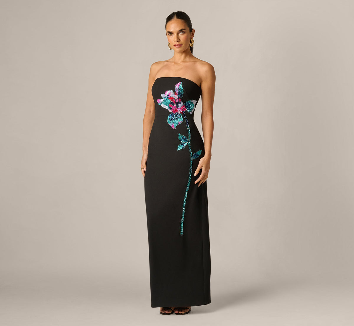 Strapless Beaded Placement Floral Gown - Black Multi | Adrianna Papell