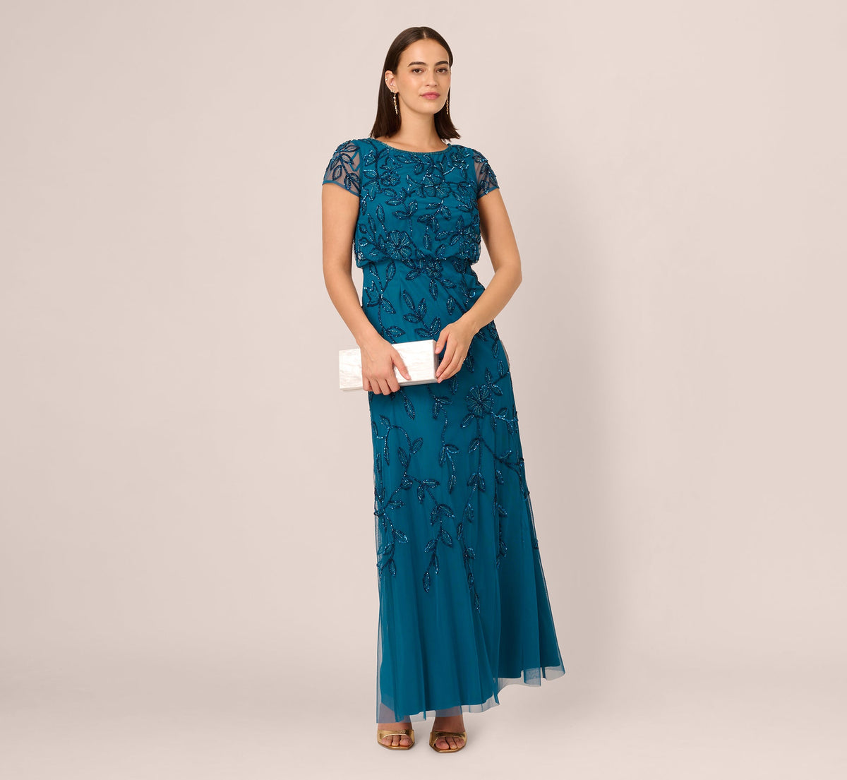 Jasmine Beaded Blouson Gown With Sheer Short Sleeves - Teal Sapphire | Adrianna Papell