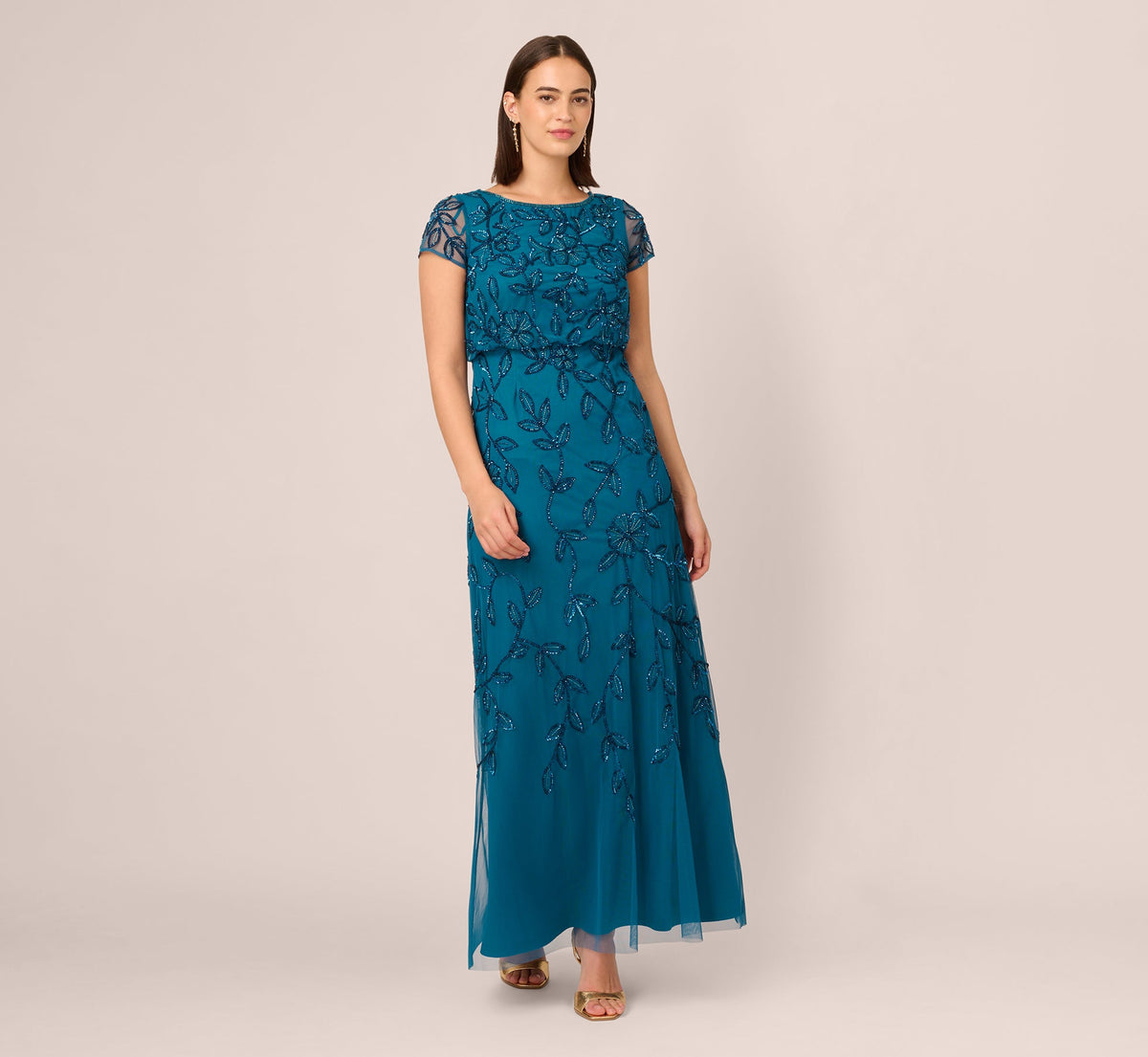 Jasmine Beaded Blouson Gown With Sheer Short Sleeves - Teal Sapphire | Adrianna Papell