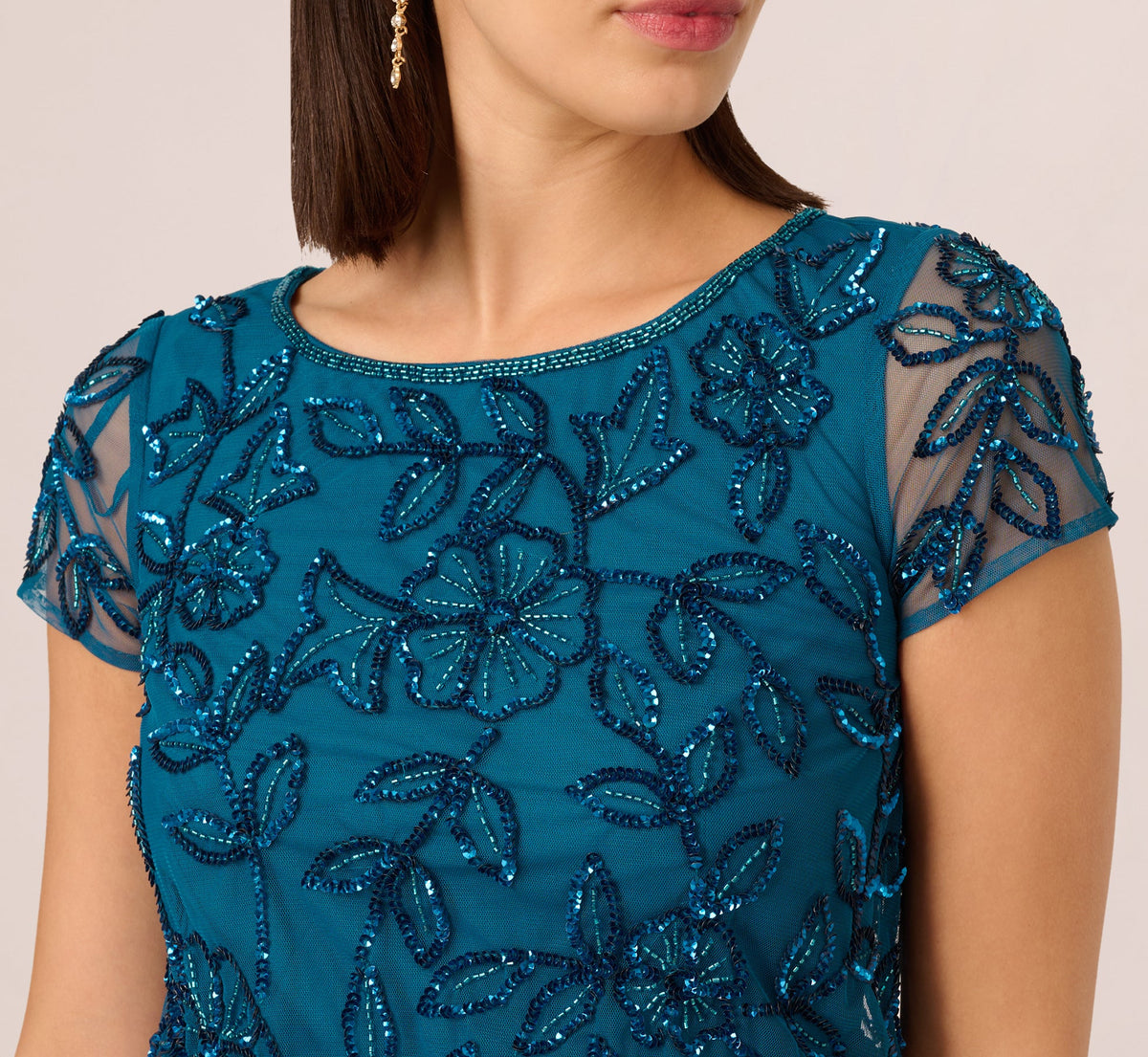 Jasmine Beaded Blouson Gown With Sheer Short Sleeves - Teal Sapphire | Adrianna Papell
