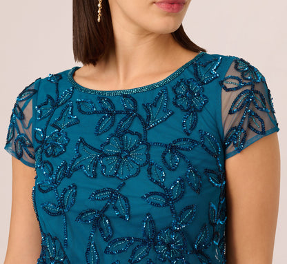 Jasmine Beaded Blouson Gown With Sheer Short Sleeves - Teal Sapphire | Adrianna Papell