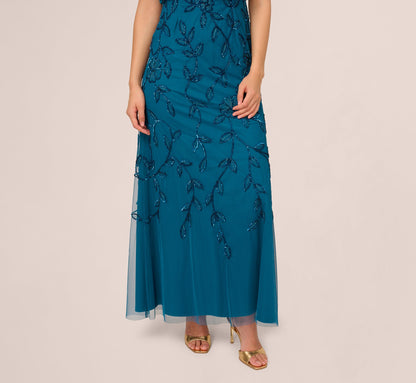 Jasmine Beaded Blouson Gown With Sheer Short Sleeves - Teal Sapphire | Adrianna Papell