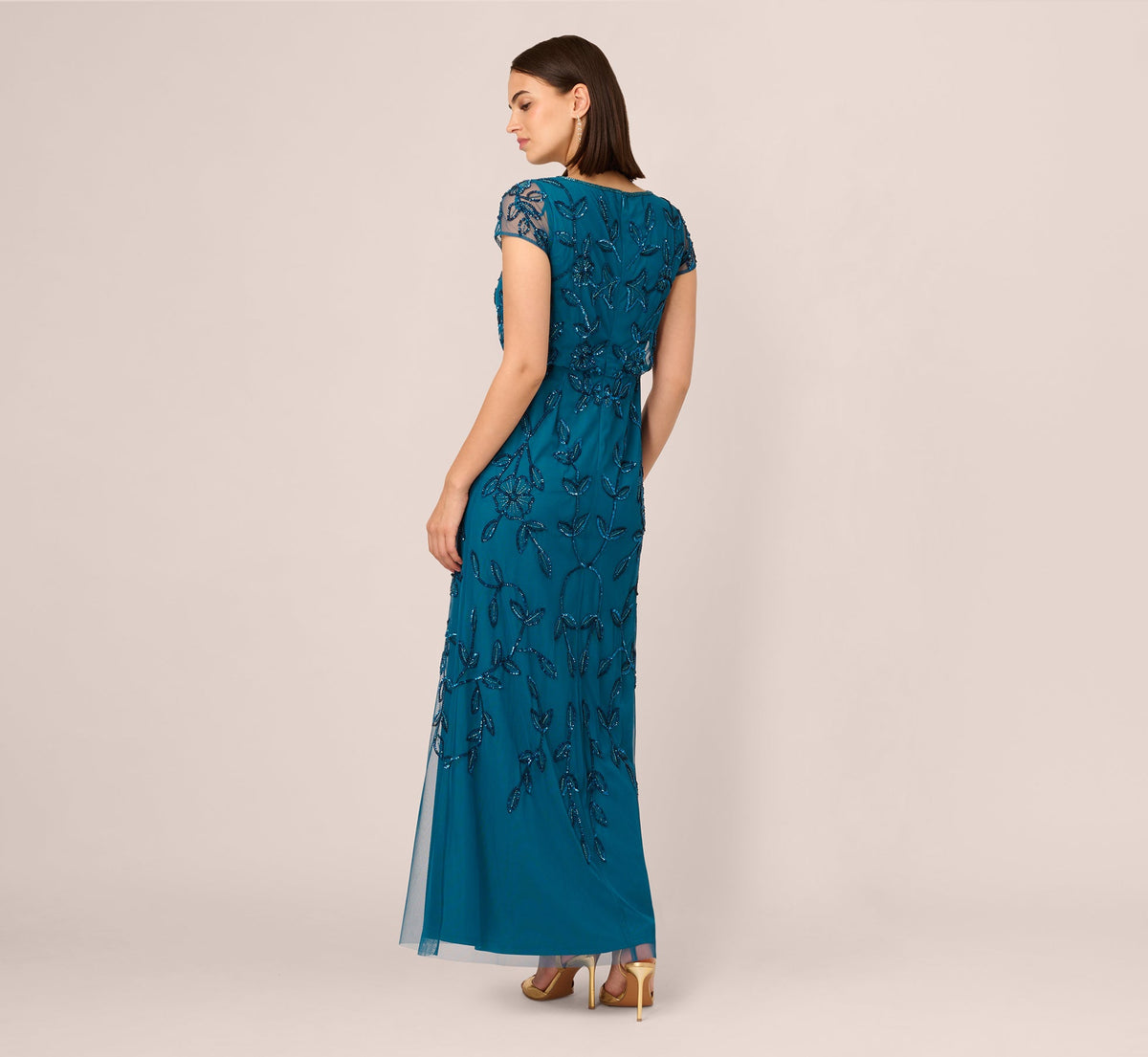 Jasmine Beaded Blouson Gown With Sheer Short Sleeves - Teal Sapphire | Adrianna Papell