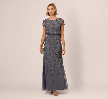 Jasmine Beaded Blouson Gown With Sheer Short Sleeves - Dusty Blue | Adrianna Papell
