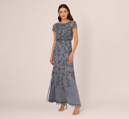 Jasmine Beaded Blouson Gown With Sheer Short Sleeves - Dusty Blue | Adrianna Papell