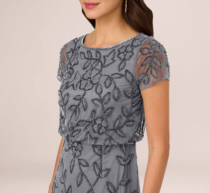 Jasmine Beaded Blouson Gown With Sheer Short Sleeves - Dusty Blue | Adrianna Papell