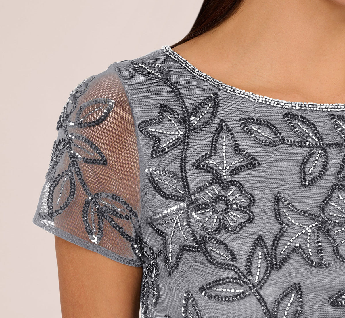 Jasmine Beaded Blouson Gown With Sheer Short Sleeves - Dusty Blue | Adrianna Papell