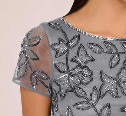 Jasmine Beaded Blouson Gown With Sheer Short Sleeves - Dusty Blue | Adrianna Papell