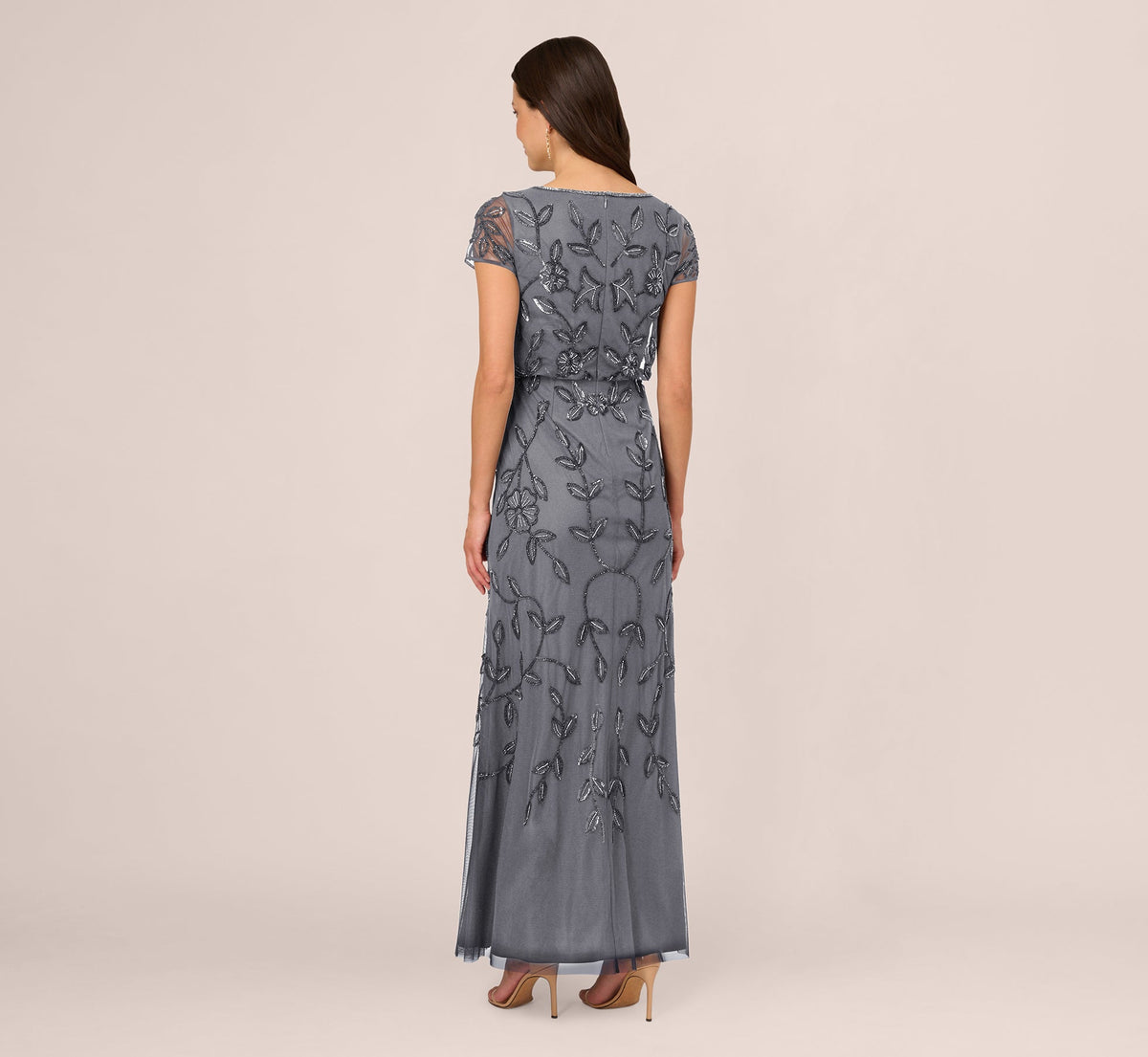 Jasmine Beaded Blouson Gown With Sheer Short Sleeves - Dusty Blue | Adrianna Papell