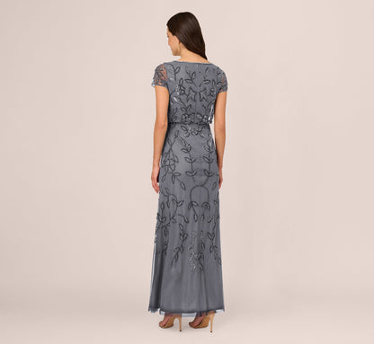 Jasmine Beaded Blouson Gown With Sheer Short Sleeves - Dusty Blue | Adrianna Papell