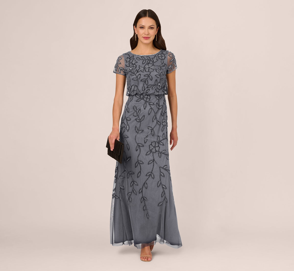 Jasmine Beaded Blouson Gown With Sheer Short Sleeves - Dusty Blue | Adrianna Papell