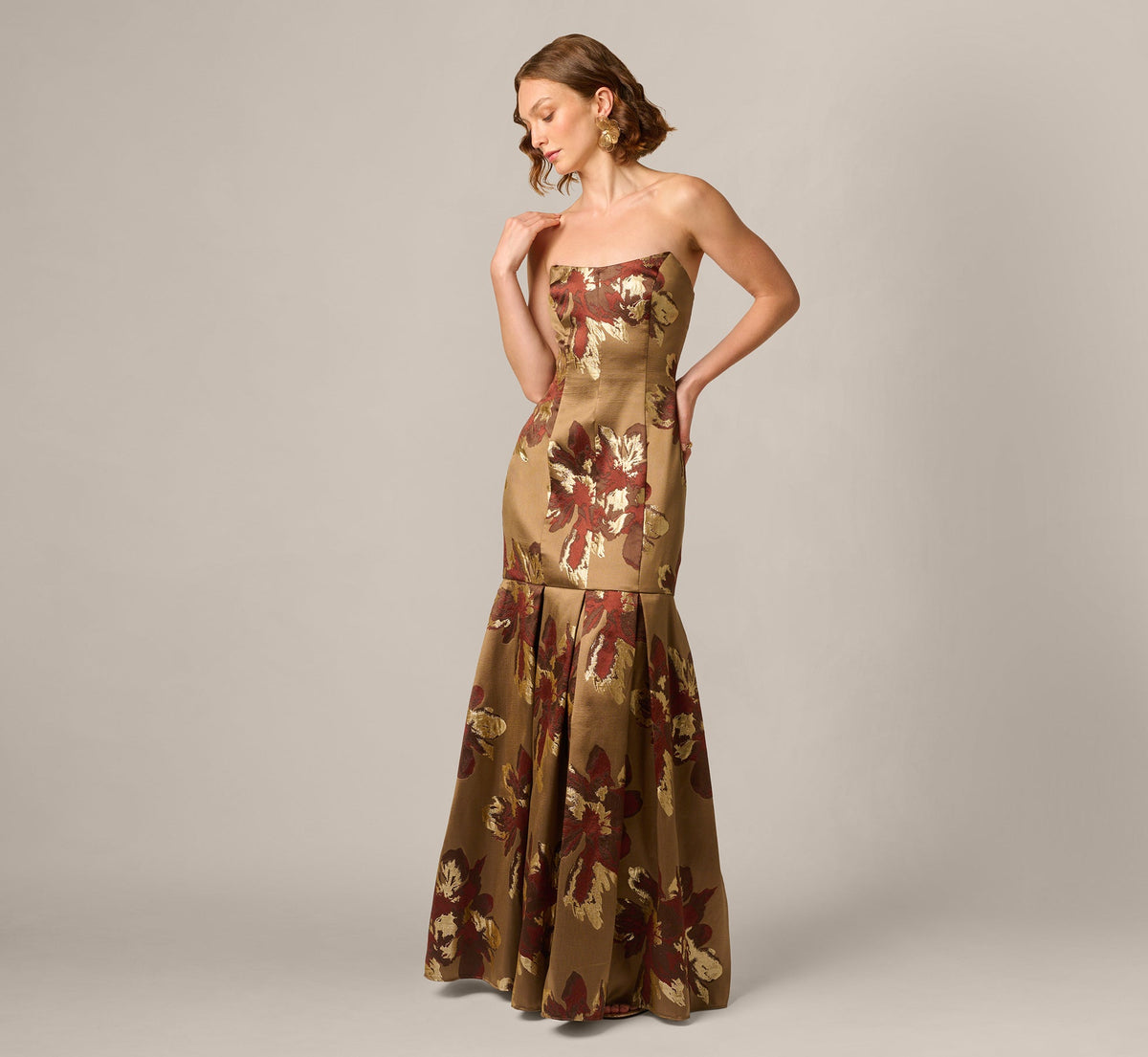 Strapless Cat Eye Metallic Floral Brocade Trumpet Gown - Brown Multi | Adrianna Papell