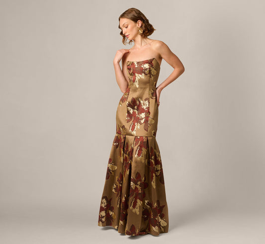 Strapless Cat Eye Metallic Floral Brocade Trumpet Gown - Brown Multi | Adrianna Papell