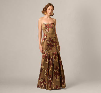 Strapless Cat Eye Metallic Floral Brocade Trumpet Gown - Brown Multi | Adrianna Papell