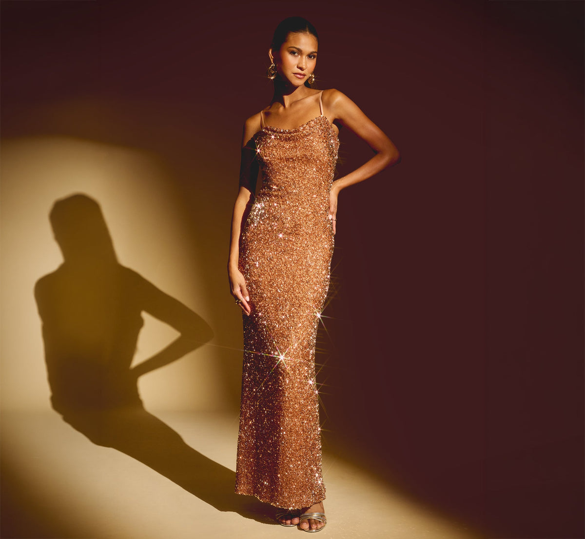Sequin Knit Cowl Neck Gown - Rose Gold | Adrianna Papell