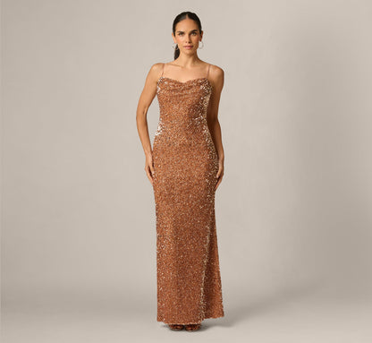 Sequin Knit Cowl Neck Gown - Rose Gold | Adrianna Papell