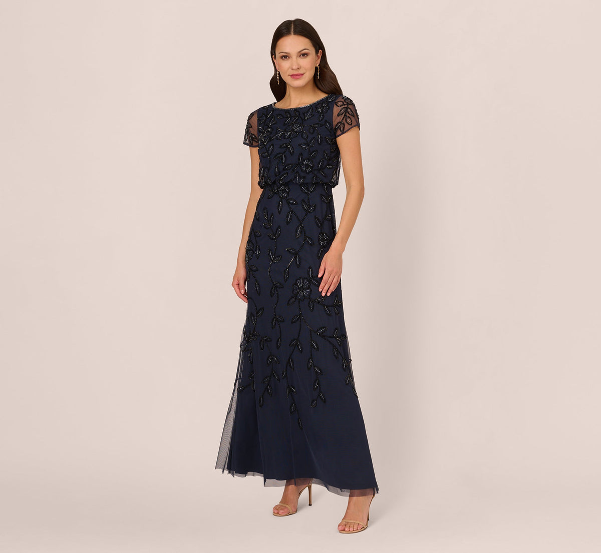 Jasmine Beaded Blouson Gown With Sheer Short Sleeves - Navy Black | Adrianna Papell