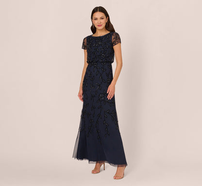 Jasmine Beaded Blouson Gown With Sheer Short Sleeves - Navy Black | Adrianna Papell