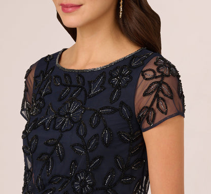 Jasmine Beaded Blouson Gown With Sheer Short Sleeves - Navy Black | Adrianna Papell