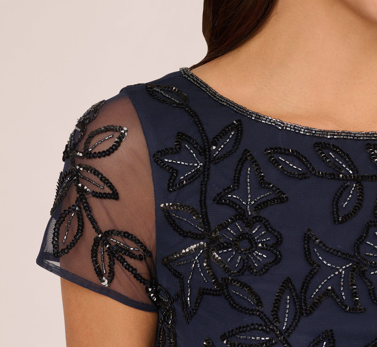 Jasmine Beaded Blouson Gown With Sheer Short Sleeves - Navy Black | Adrianna Papell