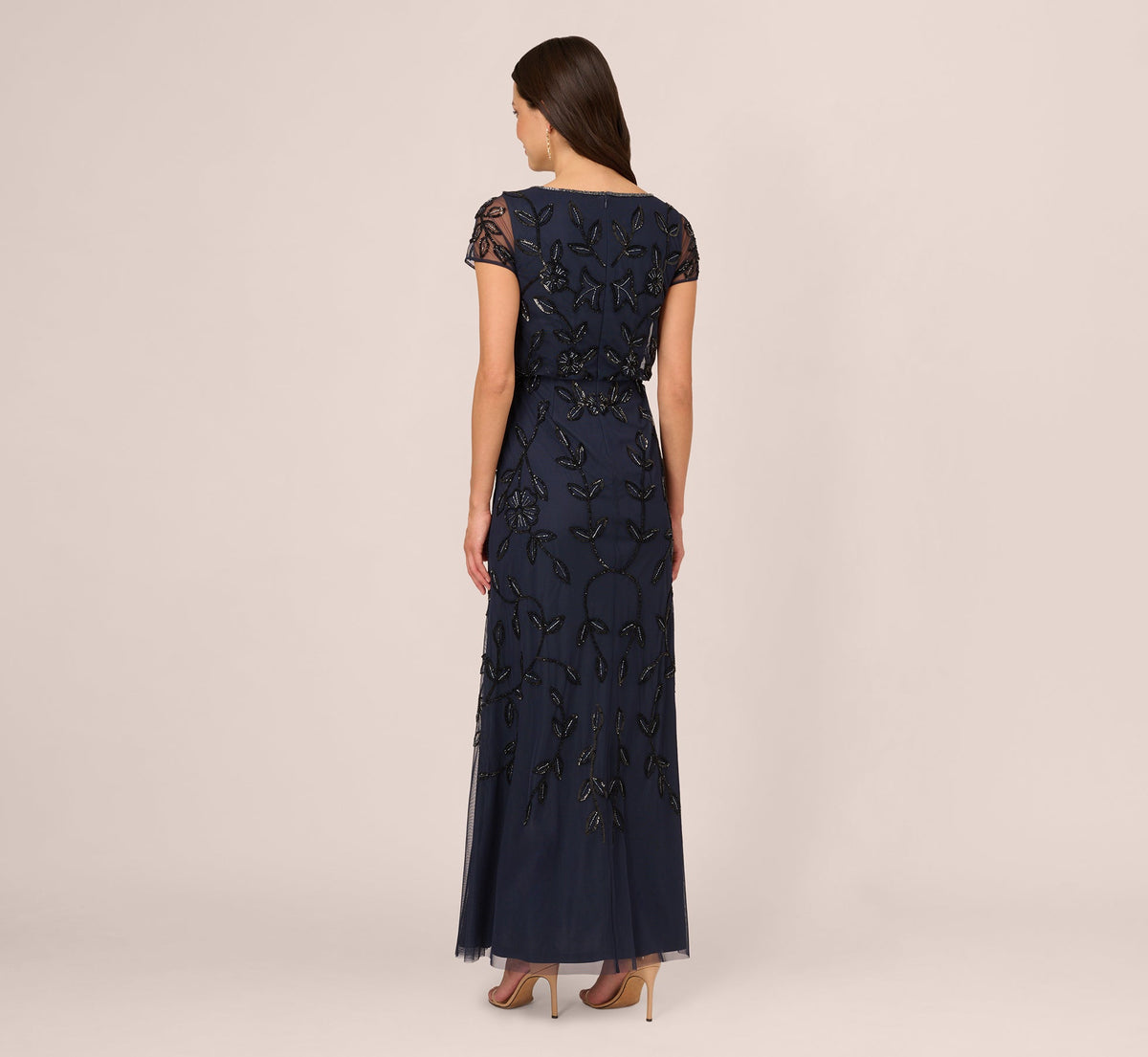 Jasmine Beaded Blouson Gown With Sheer Short Sleeves - Navy Black | Adrianna Papell