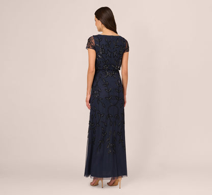 Jasmine Beaded Blouson Gown With Sheer Short Sleeves - Navy Black | Adrianna Papell