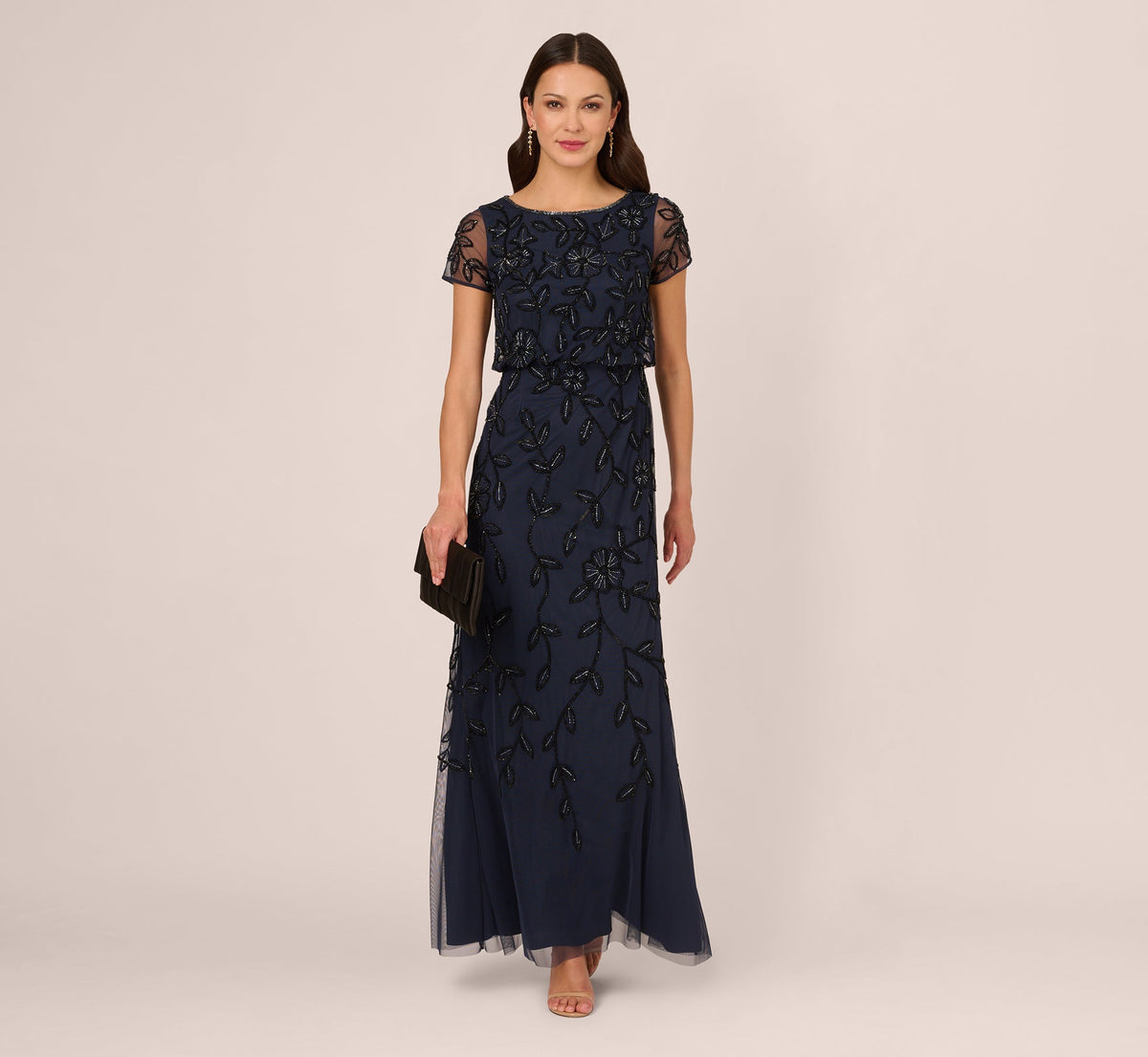 Jasmine Beaded Blouson Gown With Sheer Short Sleeves - Navy Black | Adrianna Papell