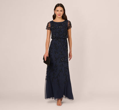 Jasmine Beaded Blouson Gown With Sheer Short Sleeves - Navy Black | Adrianna Papell