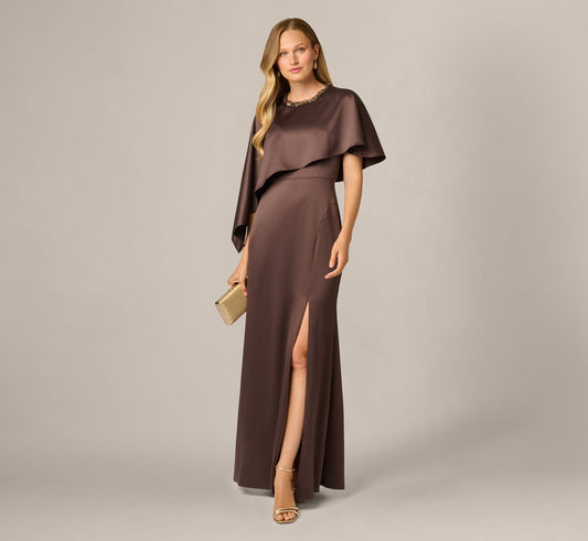Satin Beaded Collar Asymmetrical Cape Gown - Dark Brown | Adrianna Papell