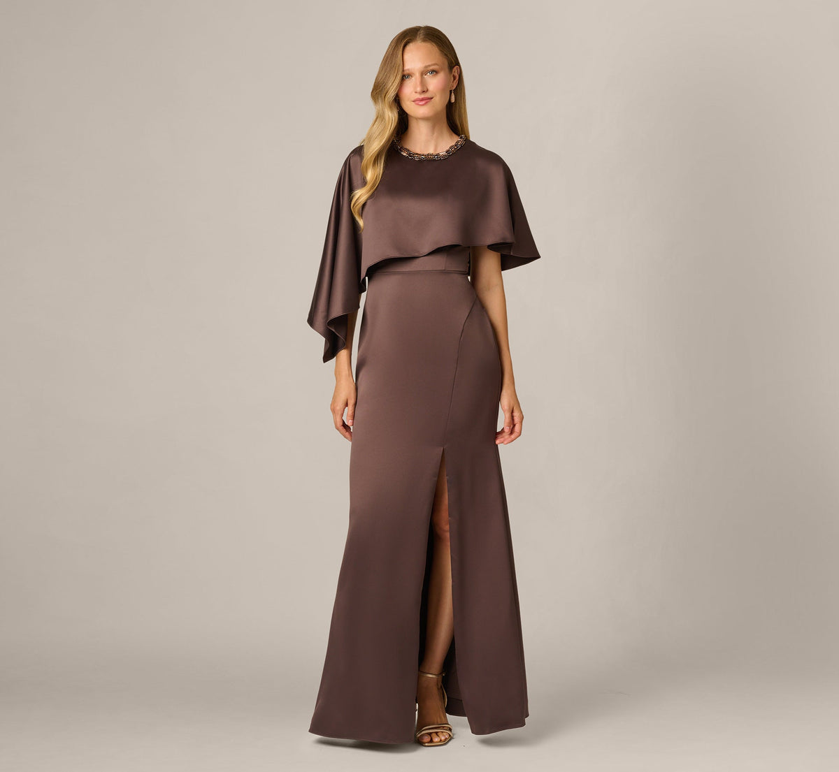 Satin Beaded Collar Asymmetrical Cape Gown - Dark Brown | Adrianna Papell