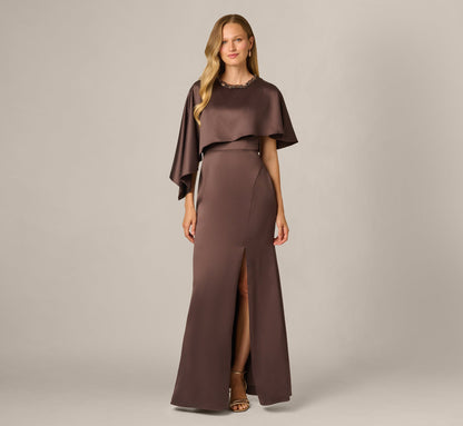 Satin Beaded Collar Asymmetrical Cape Gown - Dark Brown | Adrianna Papell