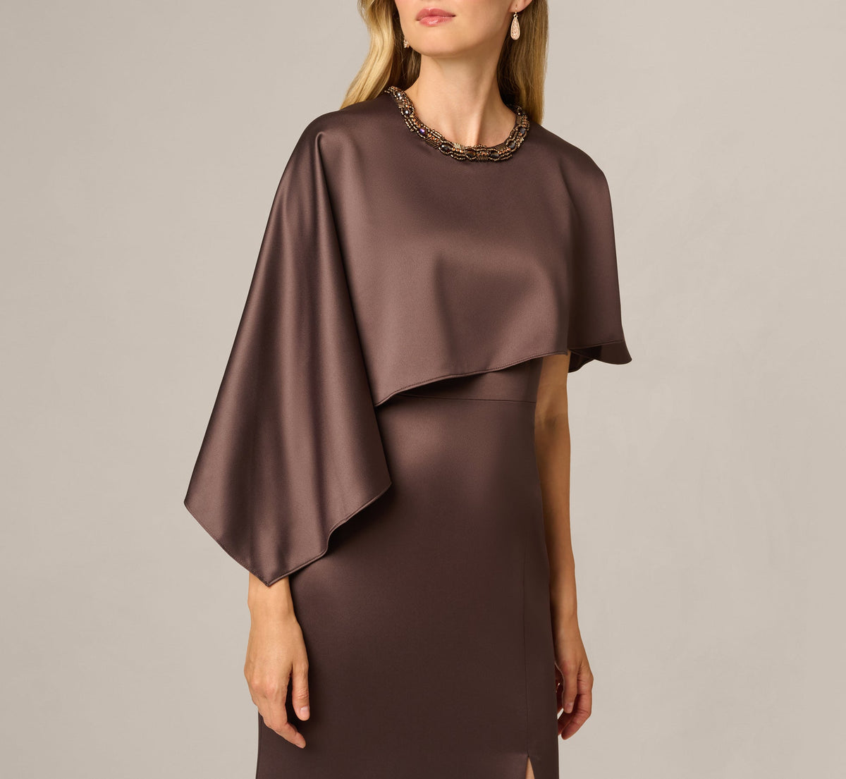 Satin Beaded Collar Asymmetrical Cape Gown - Dark Brown | Adrianna Papell