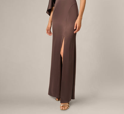 Satin Beaded Collar Asymmetrical Cape Gown - Dark Brown | Adrianna Papell