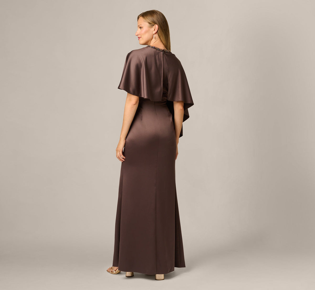 Satin Beaded Collar Asymmetrical Cape Gown - Dark Brown | Adrianna Papell