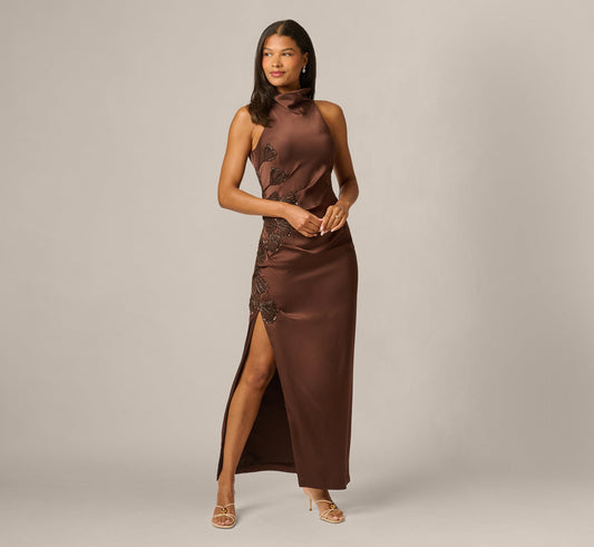 Satin Beaded Soutache Cowl Halter Gown - Espresso | Adrianna Papell