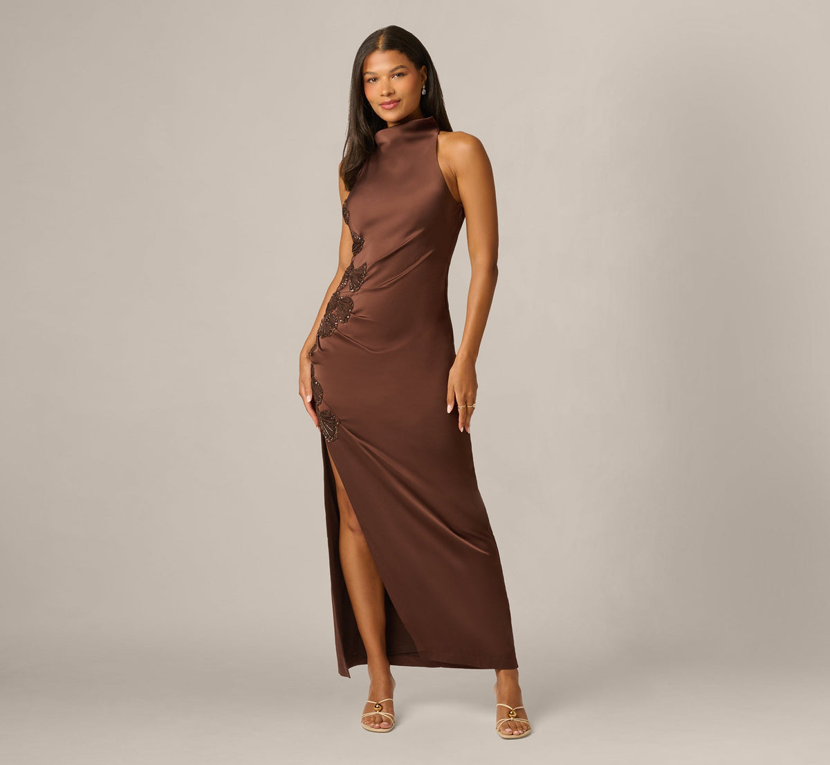 Satin Beaded Soutache Cowl Halter Gown - Espresso | Adrianna Papell