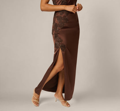 Satin Beaded Soutache Cowl Halter Gown - Espresso | Adrianna Papell