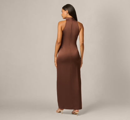 Satin Beaded Soutache Cowl Halter Gown - Espresso | Adrianna Papell