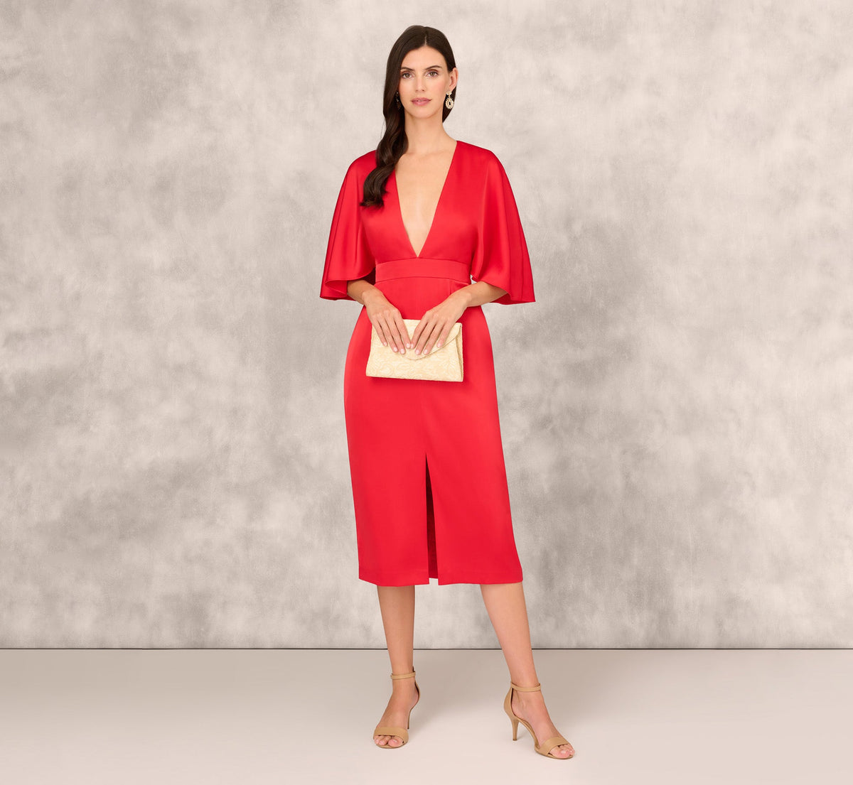 Crepe Back Satin Midi Dress With Flutter Sleeves - Chateau Red | Adrianna Papell