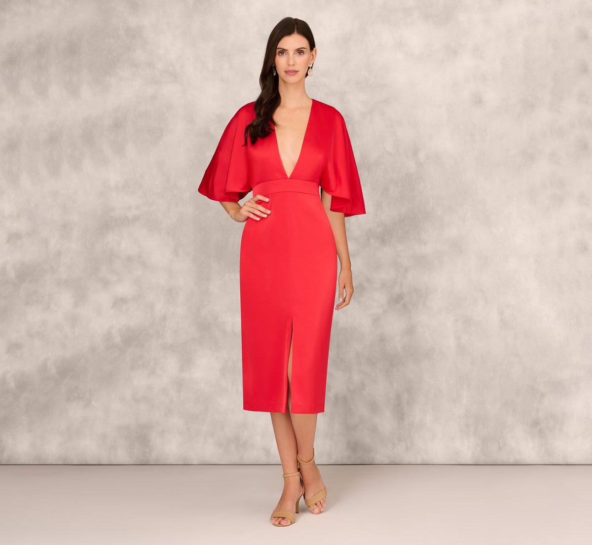Crepe Back Satin Midi Dress With Flutter Sleeves - Chateau Red | Adrianna Papell