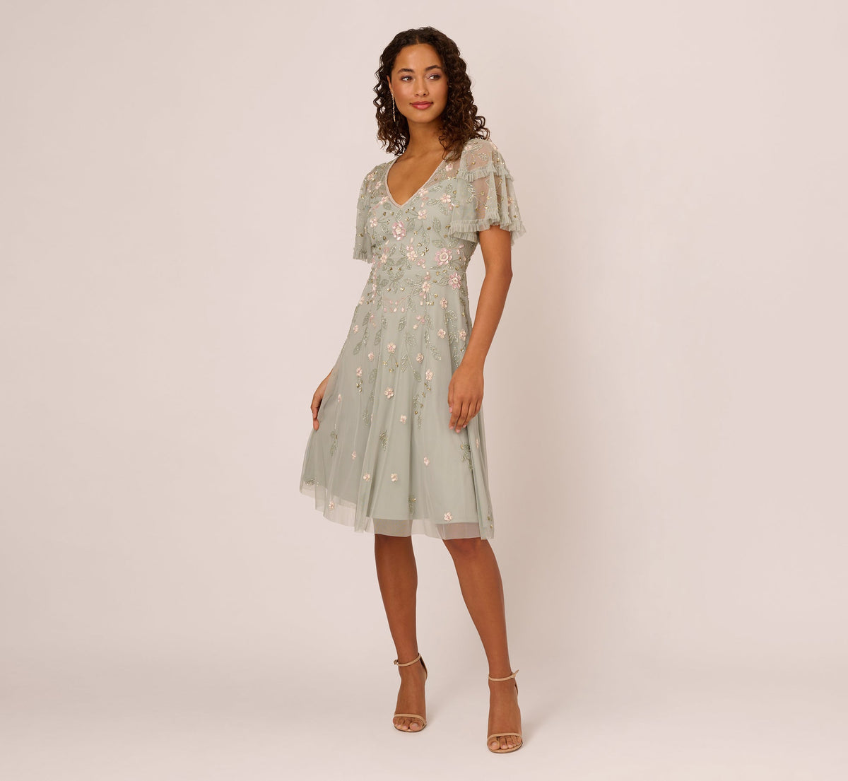 Beaded Midi Dress With Sheer Ruffled Sleeves - Frosted Sage | Adrianna Papell