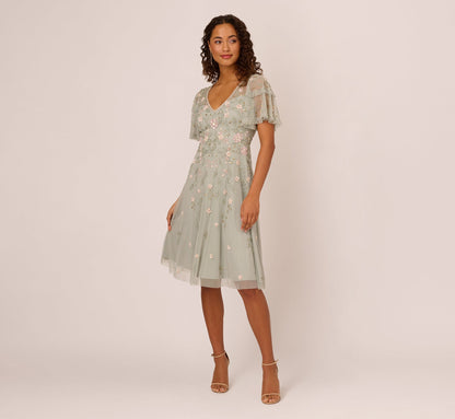 Beaded Midi Dress With Sheer Ruffled Sleeves - Frosted Sage | Adrianna Papell