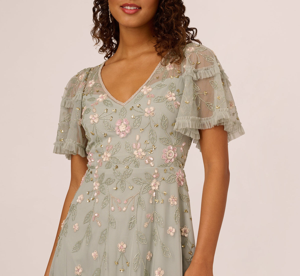 Beaded Midi Dress With Sheer Ruffled Sleeves - Frosted Sage | Adrianna Papell