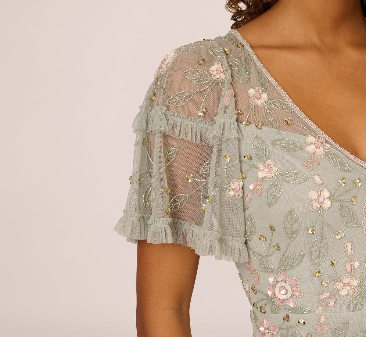 Beaded Midi Dress With Sheer Ruffled Sleeves - Frosted Sage | Adrianna Papell
