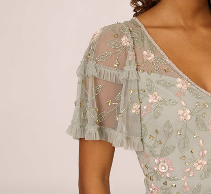 Beaded Midi Dress With Sheer Ruffled Sleeves - Frosted Sage | Adrianna Papell