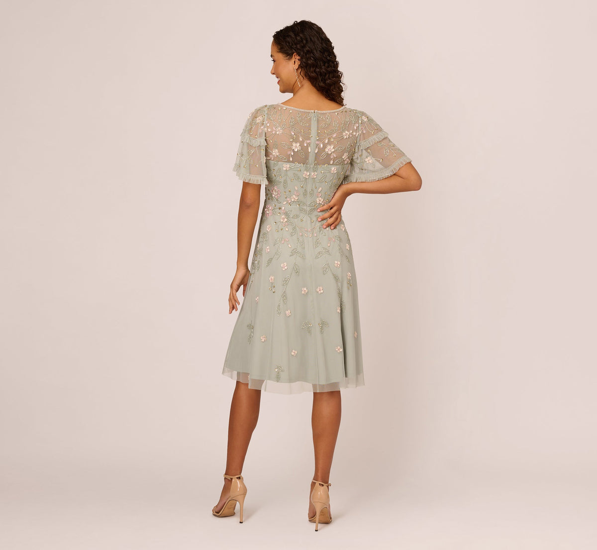 Beaded Midi Dress With Sheer Ruffled Sleeves - Frosted Sage | Adrianna Papell